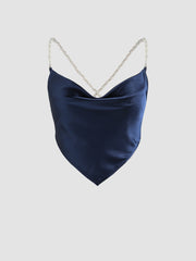 Solid Satin Pearls Cowl Neck Crop Tank Top