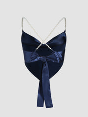 Solid Satin Pearls Cowl Neck Crop Tank Top