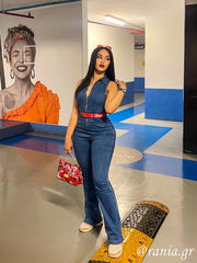 Denim Collar Flare Leg Jumpsuit