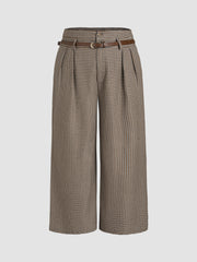 Houndstooth Mid Waist Belted Wide Leg Trousers Curve & Plus