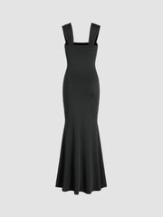Solid Ruched U-neckline Ruffle Maxi Dress