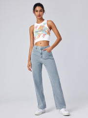 Solid High Rise Pocket Straight Leg Jeans