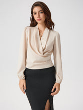 Satin V-neck Wrap Zip Long Sleeve Blouse