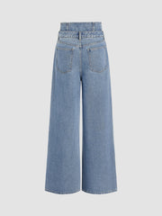 Double High Rise Solid Button Wide Leg Jeans