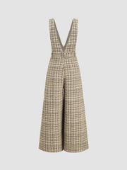 Tweed V-neck Check Button Pleated Wide Leg Jumpsuit