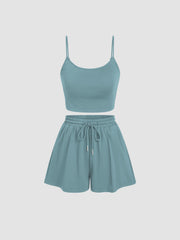 U-neckline Crop Cami Top & Drawstring Wide Leg Shorts Set