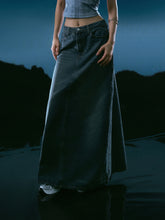 Denim Mid Waist Solid Pocket Maxi Skirt