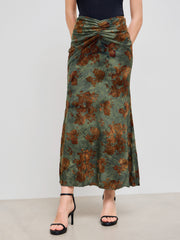 Mid Rise Floral Ruched Maxi Mermaid Skirt