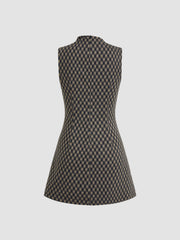 High Neck Checks Ruched Mini Dress