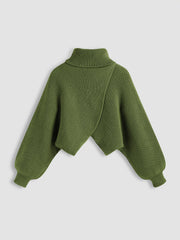 High Neck Solid Knitted Long Sleeve Crop Sweater
