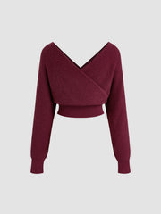 Knit V-neck Solid Wrap Crop Long Sleeve Top