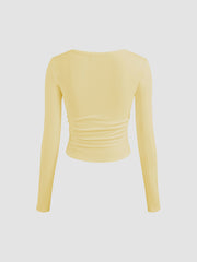 Cotton-blend Boat Neck Solid Ruched Long Sleeve Tee