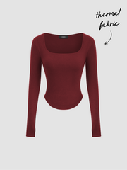 Thermal Cotton-blend Square Neck Solid Thumb Hole Long Sleeve Tee