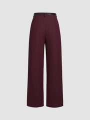 Petite Mid Rise Solid Straight Leg Trousers With Belt