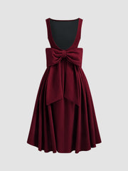 Velvet Boat Neck Bowknot Backless Midi Dress