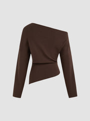 Knit Asymmetrical Neck Solid Ruched Long Sleeve Top