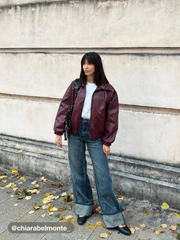 Faux Leather Collar Solid Pocket Zipper Bomber Jacket