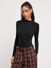 High Neck Solid Lettuce Trim Bodysuit