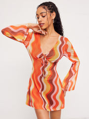 Mesh V-neck Abstract Wave Knotted Mini Dress
