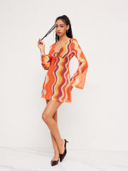 Mesh V-neck Abstract Wave Knotted Mini Dress