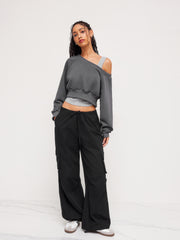 Terry Off-shoulder Cropped Oversized Sweatshirt & Ruched Tank Top