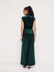 Velvet High Neck Ruched Zipper Wide Leg Jumpsuit