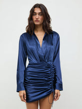 Solid Drawstring Satin Mini Shirt Dress
