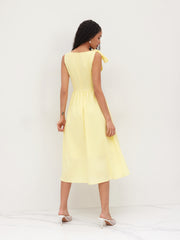 Linen-blend Boat Neck Bowknot Ruffle Midi Dress