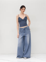 V-neck Solid Lace Ruched Cami Top