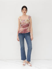 Mesh U-neckline Floral Asymmetrical Ruffle Trim Knotted Tank Top