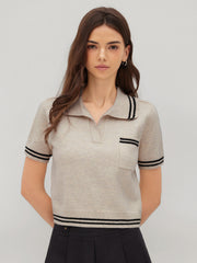 Knit Collar Stripe Short Sleeve Top