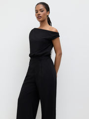 Asymmetrical Neck Solid Pocket Wide Leg Jumpsuit