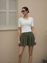 Asymmetrical Neck Solid Short Sleeve Knitted Tee