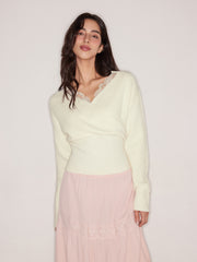 Knit V-neck Solid Lace Trim Wrap Long Sleeve Top