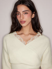 Knit V-neck Solid Lace Trim Wrap Long Sleeve Top