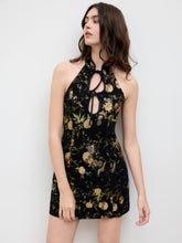 Jacquard Halter Neckline Floral Cut Out Tie Front Mini Dress