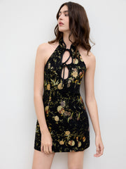 Jacquard Halter Neckline Floral Cut Out Tie Front Mini Dress