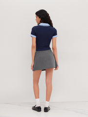 Cotton Collar Stripe Two Tone Short Sleeve Top