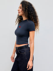 Round Neckline Pepper Embroidery Contrasting Binding Short Sleeve Tee