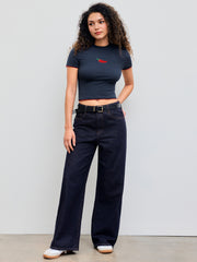 Round Neckline Pepper Embroidery Contrasting Binding Short Sleeve Tee