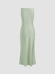 Satin Boat Neck Ruched Maxi Dress