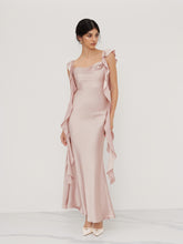 Satin Cowl Neck Solid Ruffle Hem Maxi Dress