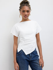 Cotton-blend Boat Neck Ruched Asymmetrical Hem Tee