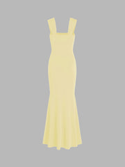 Solid Ruched U-neckline Ruffle Maxi Dress