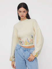 Knit High Neck Floral Embroidery Crop Top