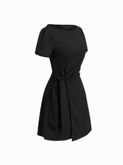 Boat Neck Ruched Knotted Split Sleeve Mini Dress