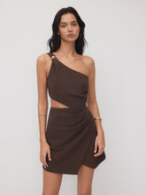 Asymmetrical Neck Metal Detail Cut Out Ruched Mini Dress