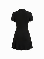Mandarin Collar Short Sleeve Metal Detail Cut Out Ruched Mini Dress