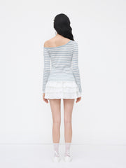 Knit Wool-blend Asymmetrical Neck Stripe Long Sleeve Top