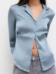 Satin Collar Long Sleeve Curved Hem Cinched Waist Shirt